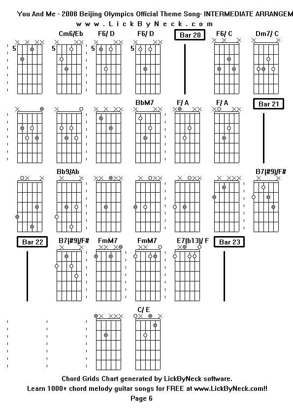 Chord Grids Chart of chord melody fingerstyle guitar song-You And Me - 2008 Beijing Olympics Official Theme Song- INTERMEDIATE ARRANGEMENT,generated by LickByNeck software.